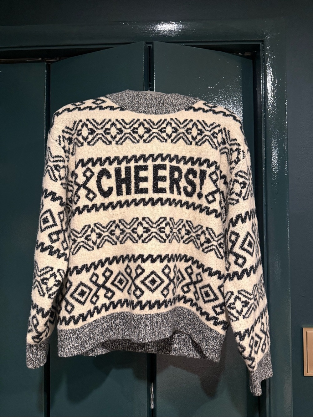 a new day Cream and Black 'CHEERS!' Patterned Crewneck Sweater
